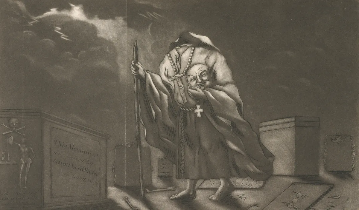 Illustration of a cemetery at night. The headless figure of the ghost of Simon Fraser, 11th Lord Lovat, walks in foreground towards the left wearing a monk's robes. He holds his head in his left hand and a walking stick in his right.