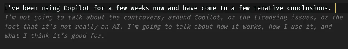 Clip of another suggestion from co-pilot while writing this blog post, text in the caption.